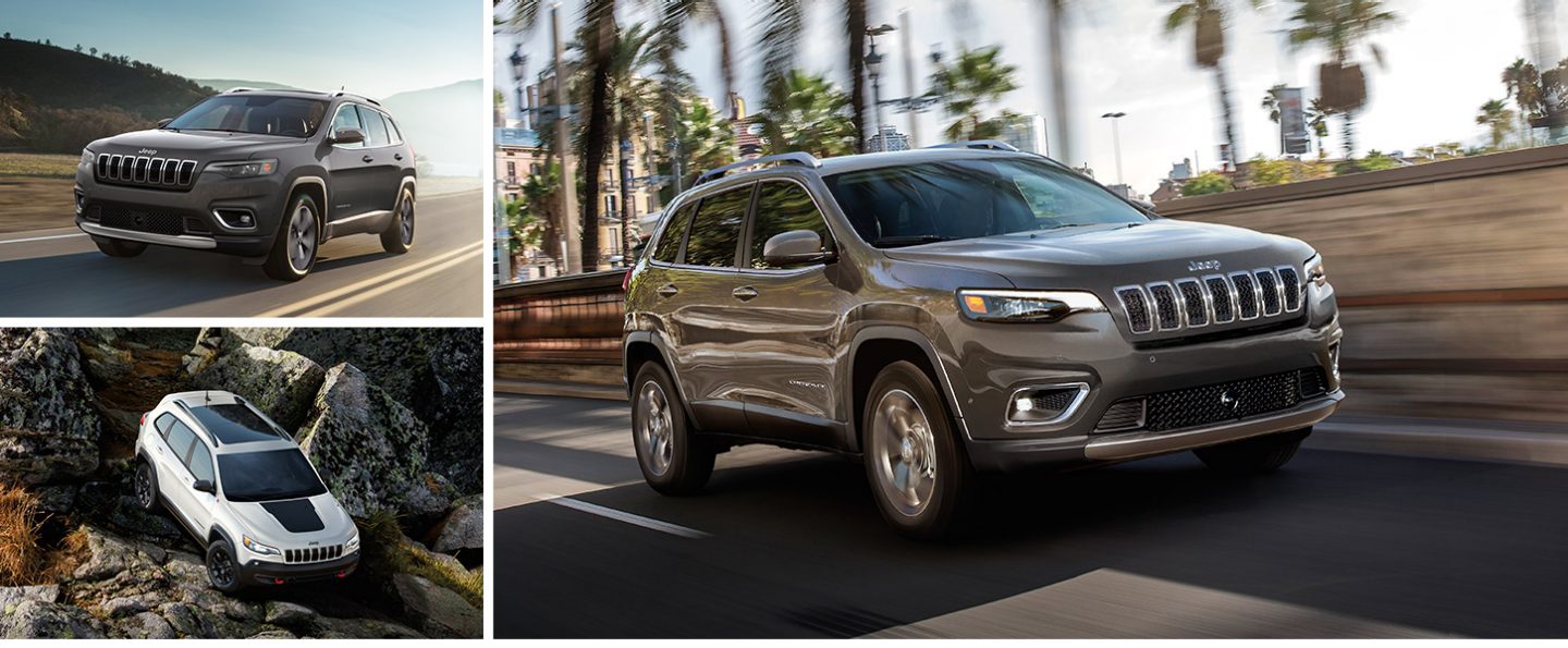 A set of three 2021 Jeep Cherokee models in different settings: being driven on a highway and on a city street, and descending a rocky hill off-road.