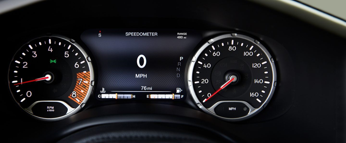 The driver information digital cluster display in the 2021 Jeep Renegade, showing the digital speedometer at 0 mph.